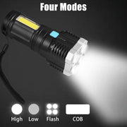 A black and silver flashlight illuminating a dark space, with icons showing four light modes: high, low, flash, and COB.