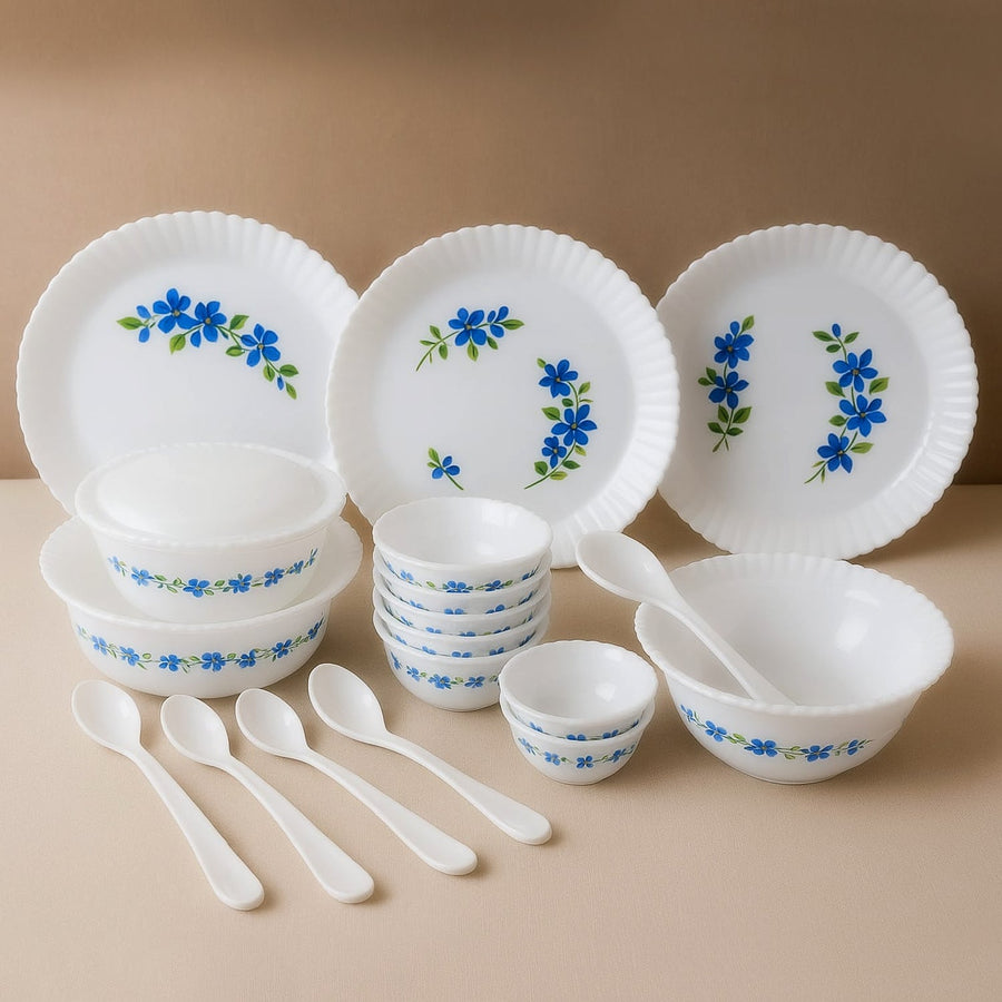 Plastic Dinner Set – Durable 36-Piece Blue Floral Design