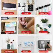 Double sided foam mounting tape applied in office and home organization setups.