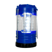 A blue and black LED lantern with a clear body and silver handles stands upright on a white background.