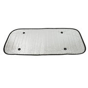 Compact and foldable car sun shade for easy storage in a vehicle.