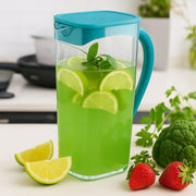 Plastic jug with glasses filled with beverages for serving