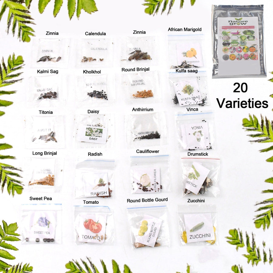 Vegetable & Flower Seeds Combo – 20 Varieties for Home Garden