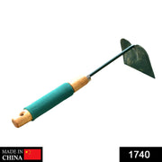 Side view of the gardening hoe, highlighting its sturdy blade and ergonomic handle.