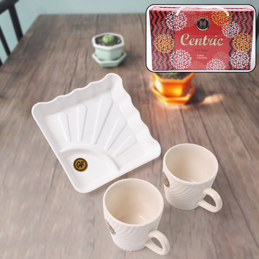 Ceramic Tea Cup Set – Includes Plastic Square Serving Platter