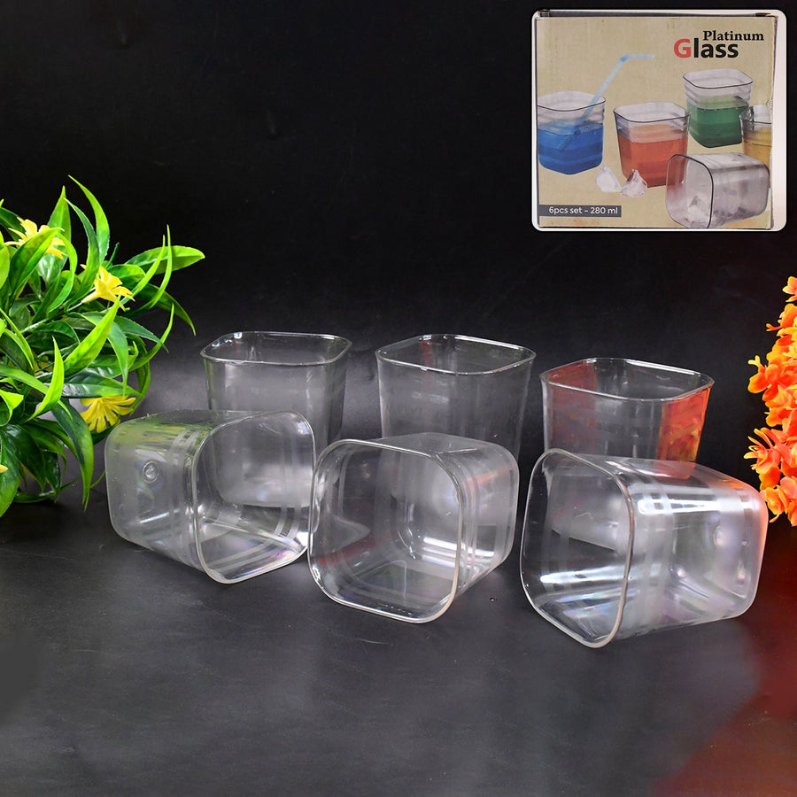 Transparent Diamond Plastic Glass Set – 6 Pieces with Tray