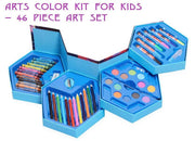 Top-down view of the open drawing kit for children, showing various art supplies.