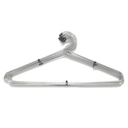 Stack of space-saving stainless steel hangers, highlighting their slim profile for closet organization.