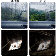 Visual representation of how the anti fog film prevents mist and glare on a car's side mirror.