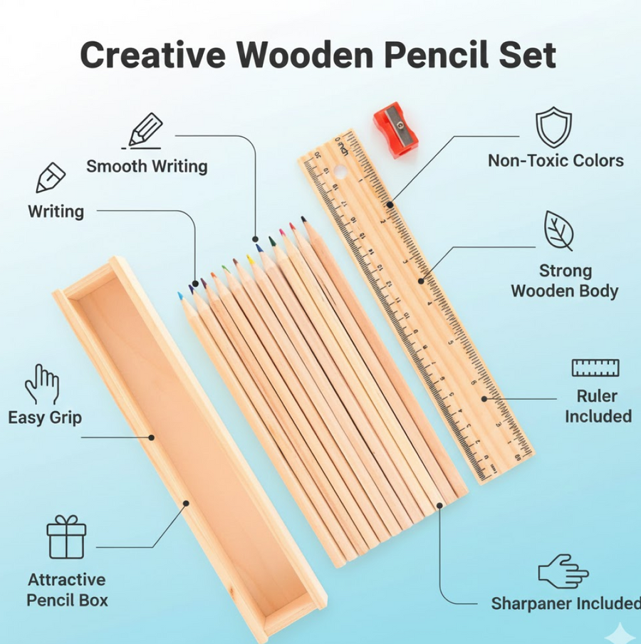 Wooden Pencil Set – 12 Pcs with Box & Sharpener | TinyTrendy