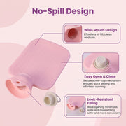 Hot water therapy bag wide mouth and secure screw cap features