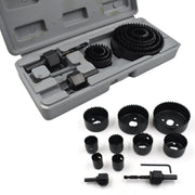 Hole saw kit with 12 pieces, displaying the 19-64mm diameter range for versatility.