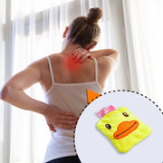 Yellow duck hot water bag keeping hands warm on a cold day.