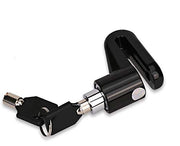 A black motorcycle wheel security device with an open shackle and two black keys attached to a silver keyring.