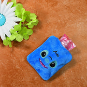 Small blue hot water bag with a soft fabric cover, perfect for pain relief.