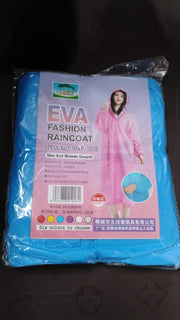 A blue packaged rain jacket with a label showing a woman in a pink version and product details.