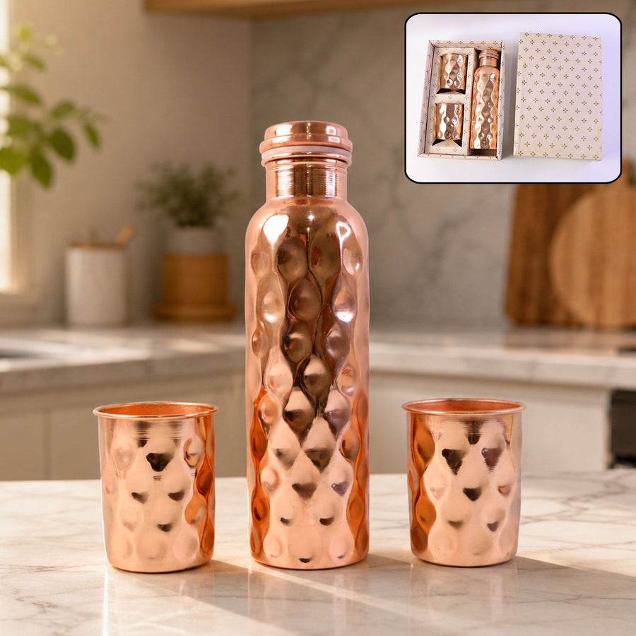 Copper Water Bottle Set – Diamond Cut & 2 Glasses | Own Hydrate