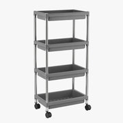 Stainless steel framed multi-tier rolling cart with practical plastic shelves.