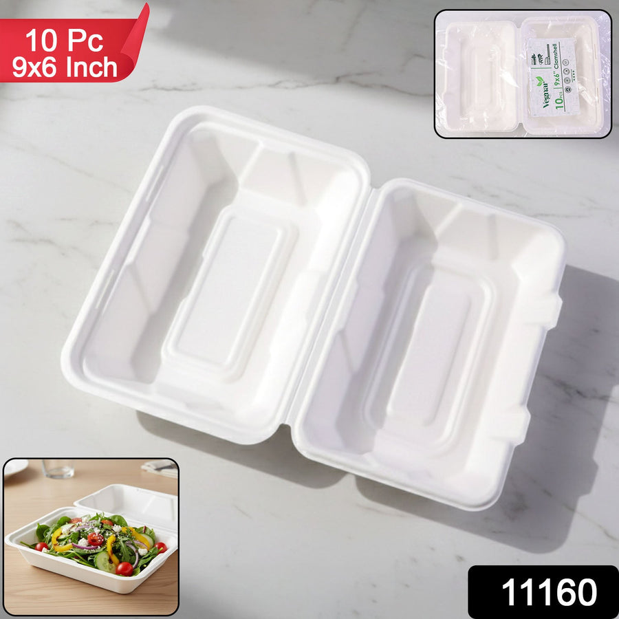 Bagasse Clamshell Food Box – Eco-Friendly 9x6 Inch Disposable Set