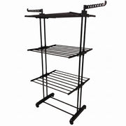 Durable metal drying stand suitable for balcony and outdoor use.