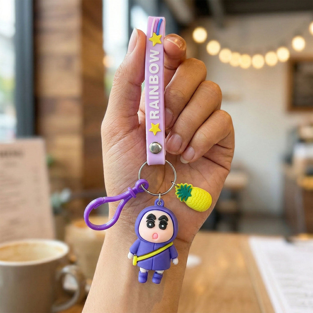 cute cartoon doll keychain with strap and pineapple charm