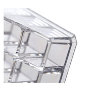 Clear acrylic display stand for cosmetics with 24 compartments, emphasizing its practical use for daily makeup.