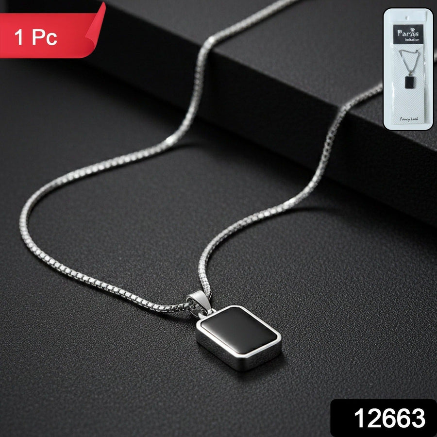 Men's Stainless-Steel Pendant Chain – Sleek Black Rectangle