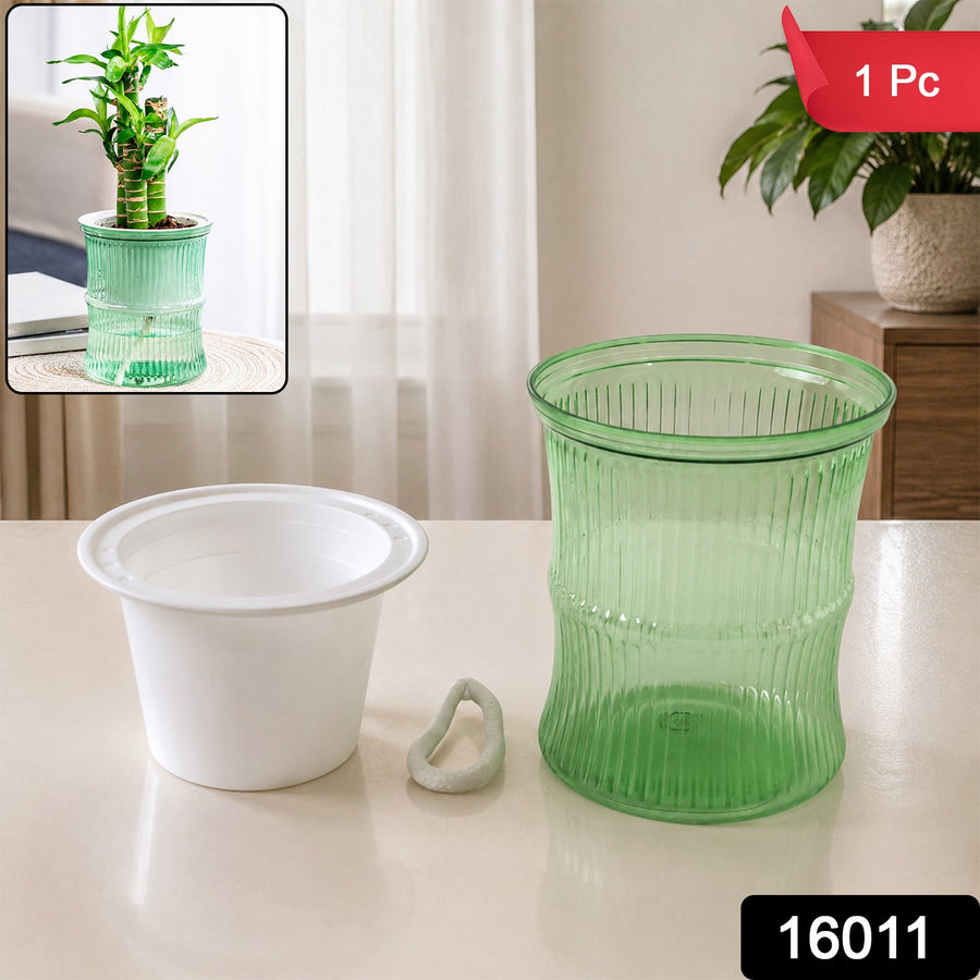 Self-Watering Bamboo Style Plastic Flower Pot – Easy Indoor Plant Care